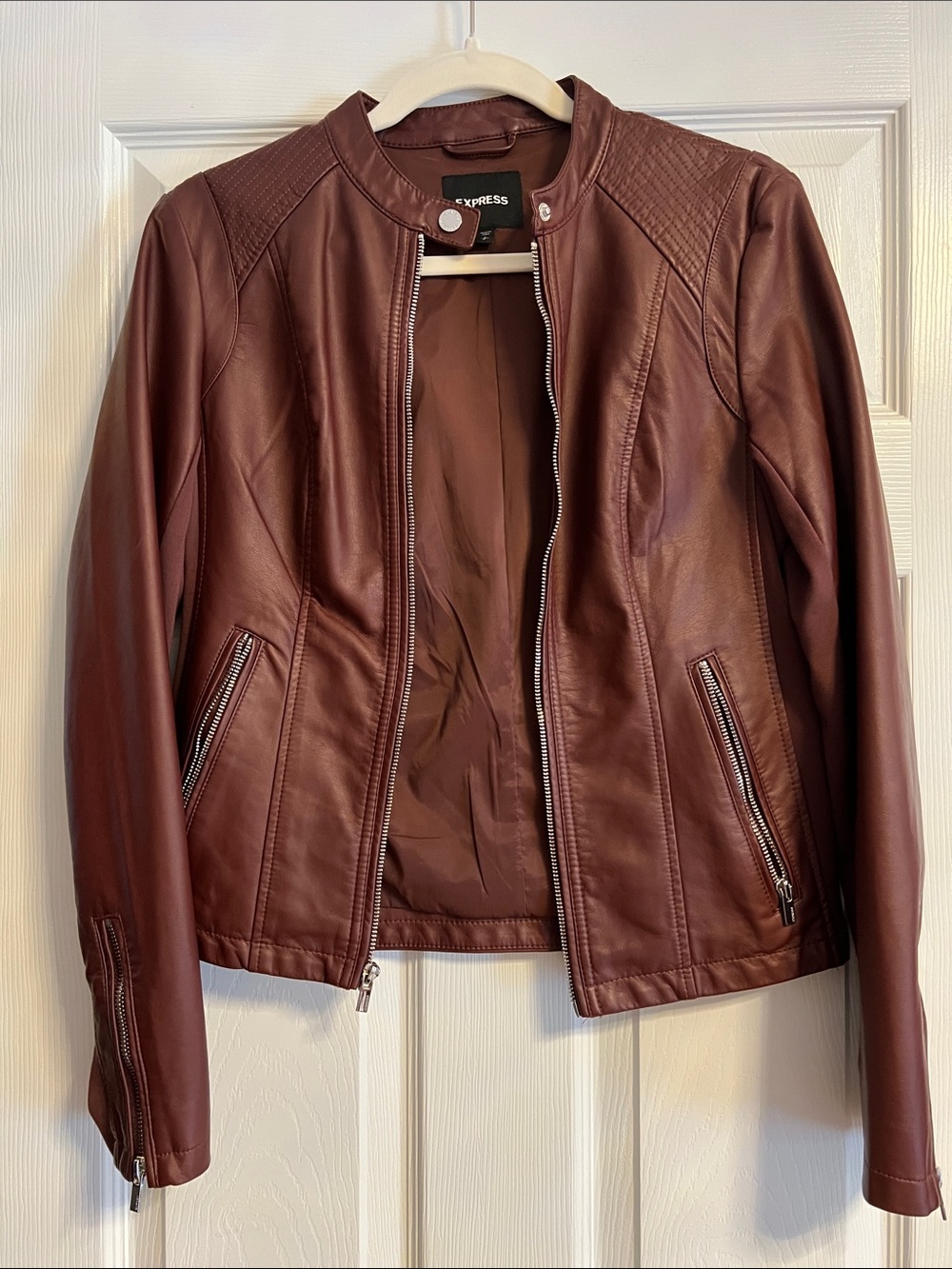 Express Women's Burgundy Faux Leather Moto Jacket with Quilted Shoulders NWOT